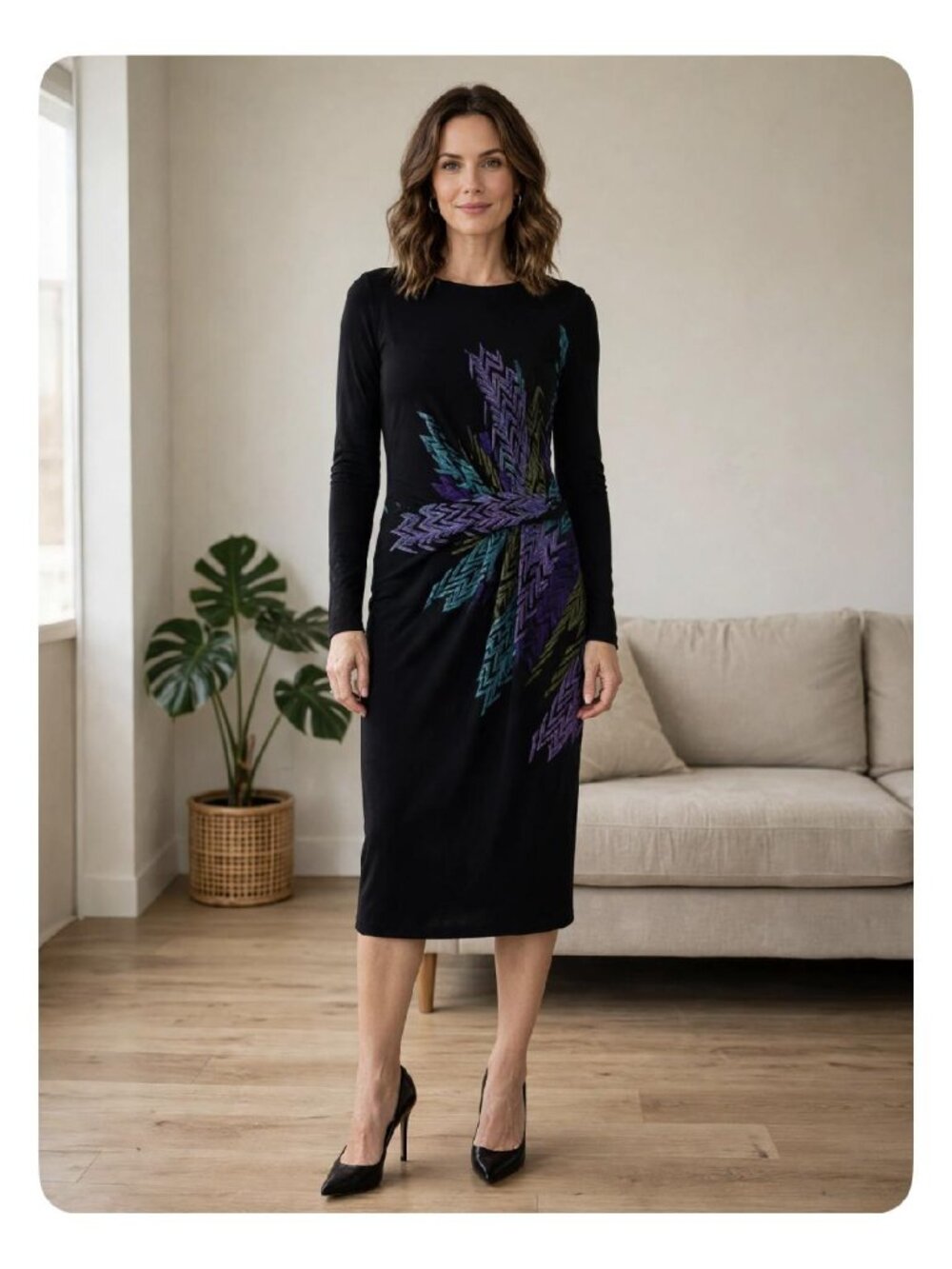 David Meister Purple, Blue and Black Abstract Long Sleeve, Midi Length Size 10